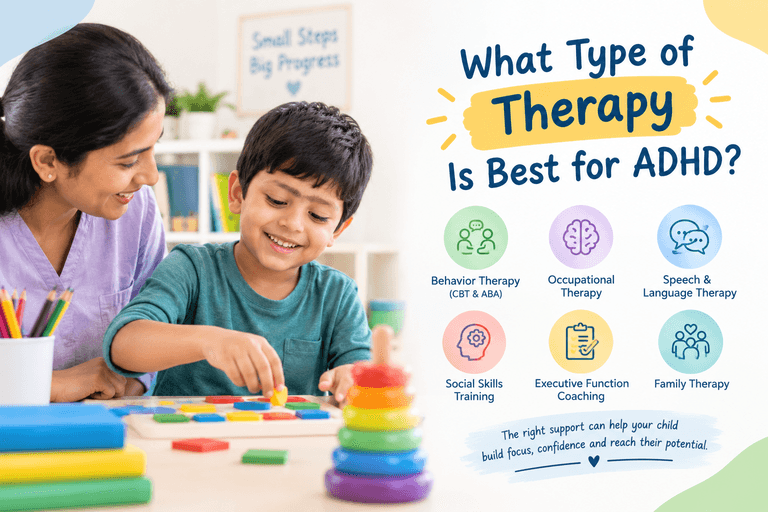 Types of therapy for ADHD in children, showing a therapist helping a child with a puzzle and highlighting behavioral therapy, occupational therapy, speech and language therapy, social skills training, executive function coaching, and family therapy.