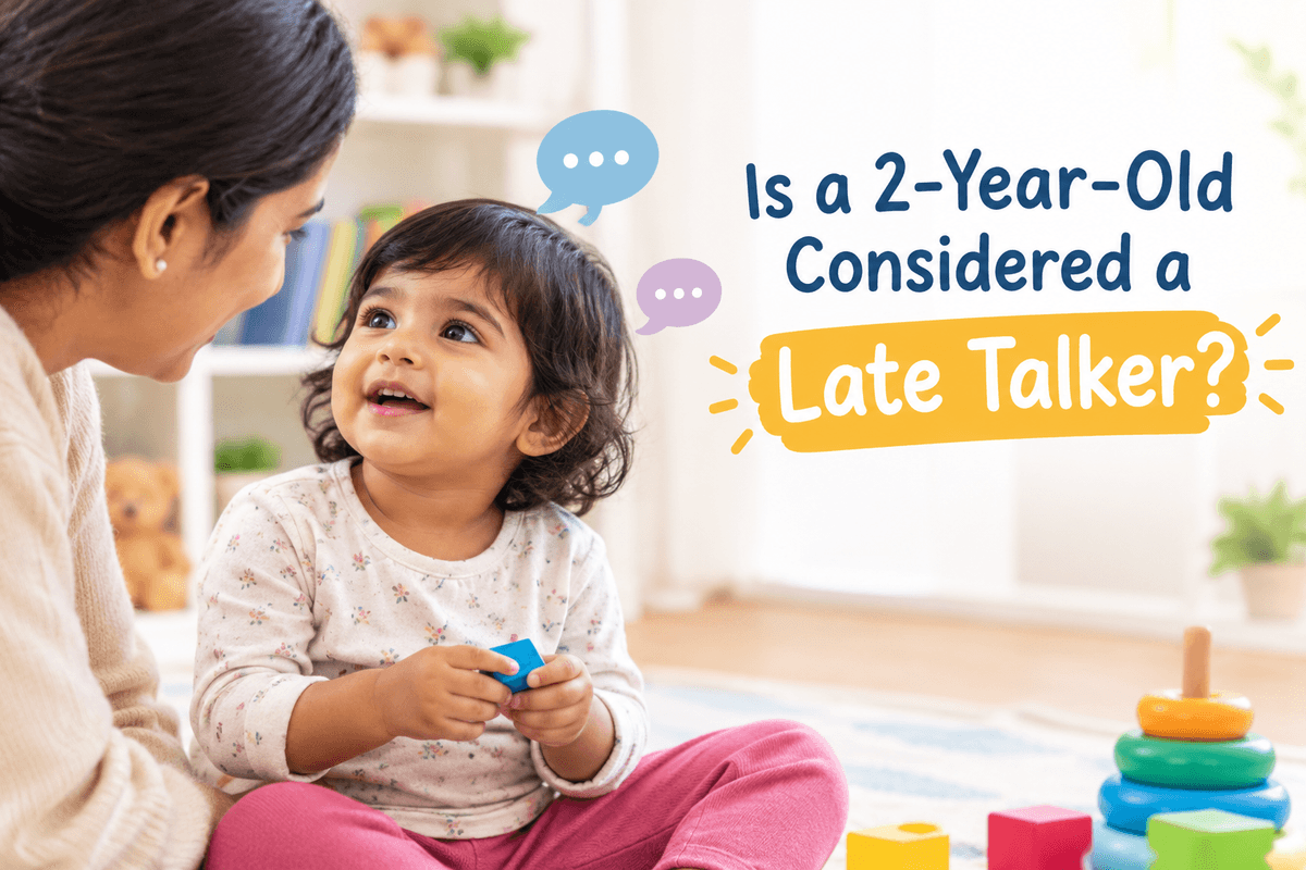 Is a 2-year-old considered a late talker? A toddler interacting with a parent while learning communication skills and speech development.