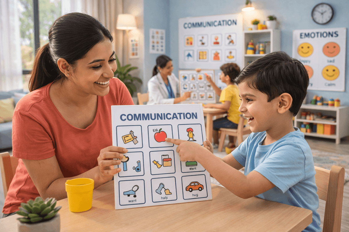 Functional communication empowers a child to express their daily wants, needs, and feelings effectively, whether through spoken words, gestures, or alternative communication tools.