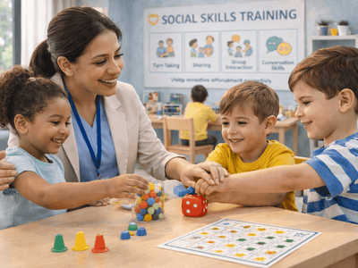 Teaches turn taking, sharing, group interaction, and conversation skills.