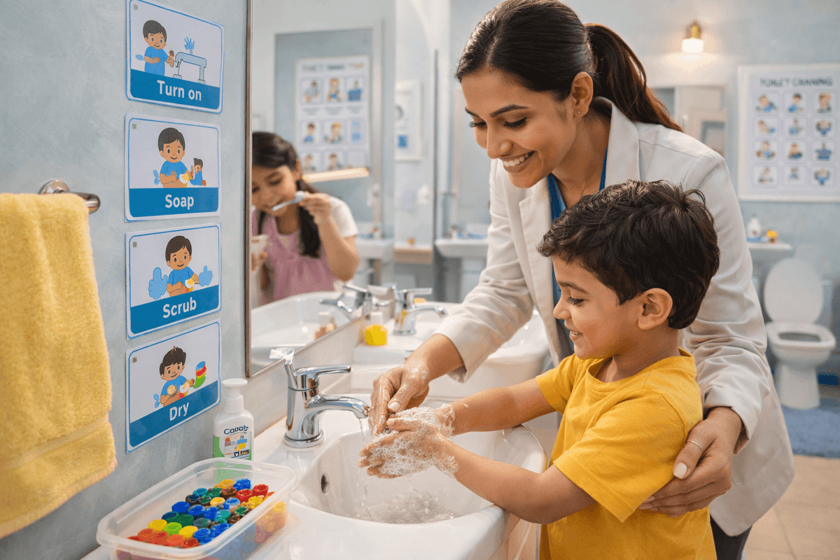 Self-help skills focus on empowering a child to perform essential daily living activities, such as dressing, eating, personal hygiene, and toilet training, with increasing independence.