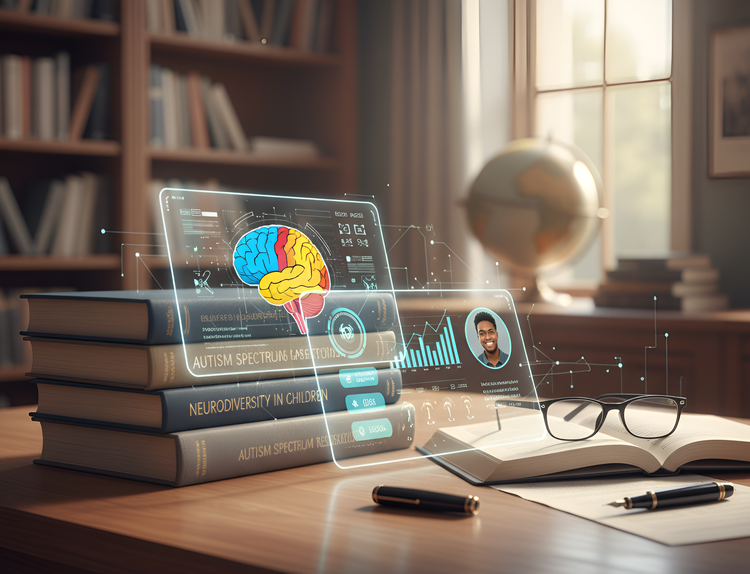 Books, brain illustration, and digital learning interface representing autism research, neurodiversity education, and child development studies.